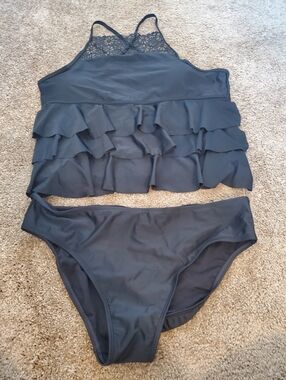 Sugar & Jade The Children's Place Black Crochet Ruffle Tankini Set